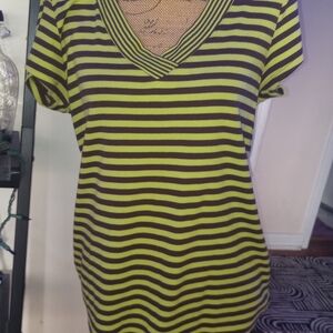 Cato Black and Green Striped V-Neck Top